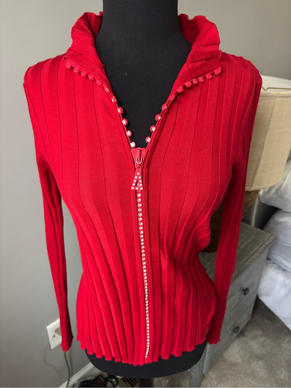 Belldini Red Rhinestone Zip Front Ribbed Cardigan Sweater – Small